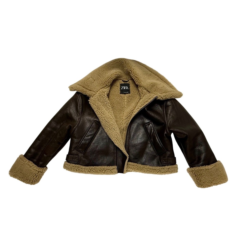 Zara Womens Brown Faux Leather Shearling Aviator Biker Jacket Small 1087